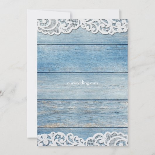 Invitation Mariage en bois rustique bleu et dentelle (Dos)