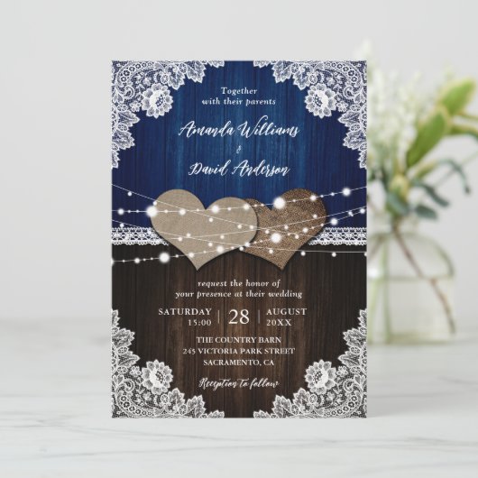 Invitation Mariage en bois rustique bleu marine (Debout devant)
