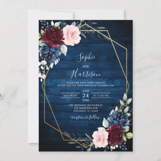 Invitation Mariage en bois rustique bleu marine Bourgogne (Devant)