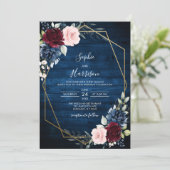 Invitation Mariage en bois rustique bleu marine Bourgogne (Debout devant)