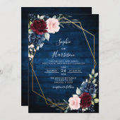 Invitation Mariage en bois rustique bleu marine Bourgogne (Devant / Derrière)