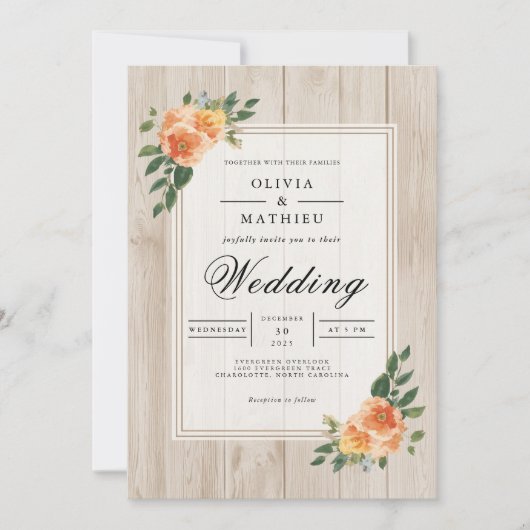 Invitation Mariage en bois rustique de la fleur de Pêche (Devant)