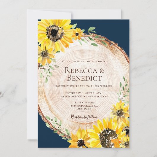 Invitation Mariage en bois rustique de tournesol bleu marine (Devant)