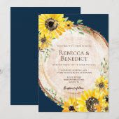 Invitation Mariage en bois rustique de tournesol bleu marine (Devant / Derrière)