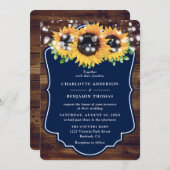 Invitation Mariage en bois rustique de tournesol bleu marine (Devant / Derrière)