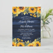 Invitation Mariage en bois rustique de tournesol bleu marine (Debout devant)