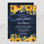 Invitation Mariage en bois rustique de tournesol bleu marine (Devant / Derrière)