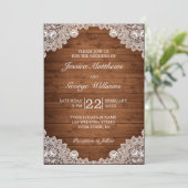 Invitation Mariage en bois rustique et dentelle blanche (Debout devant)