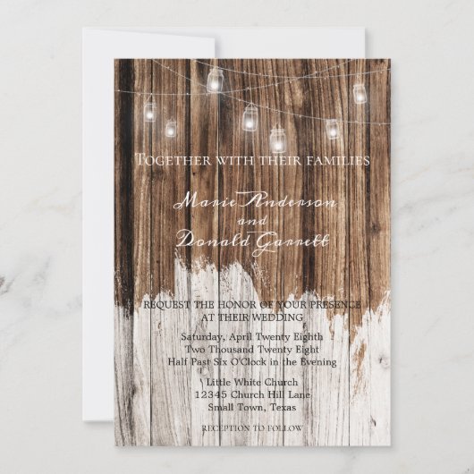 Invitation Mariage en bois rustique et lanternes (Devant)