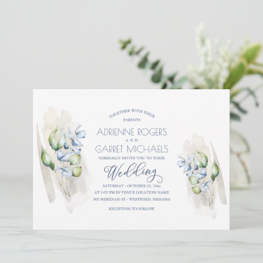 Invitation Mariage en bois rustique Eucalyptus bleu vert et b (Debout devant)