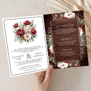 Invitation Mariage en Bois Rustique Fleurs Rose Teinté de Bou