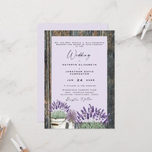 Invitation Mariage en Bois Rustique Lilas Clair (Devant/Arrière en situation)