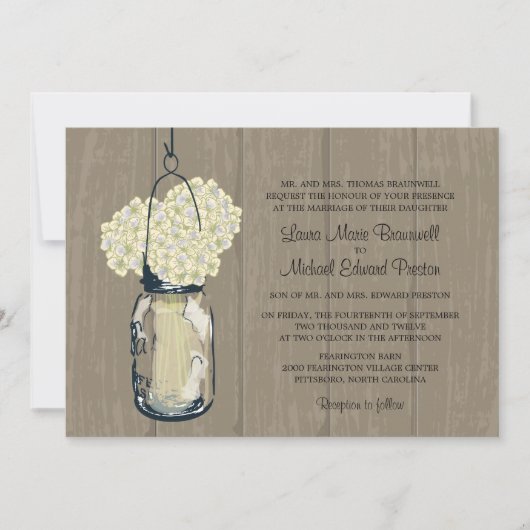 Invitation Mariage en bois rustique Mason Jar Hydrangeas (Devant)