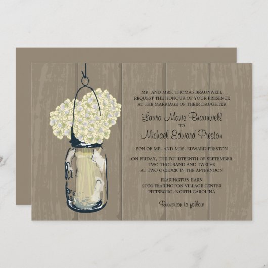 Invitation Mariage en bois rustique Mason Jar Hydrangeas (Devant / Derrière)