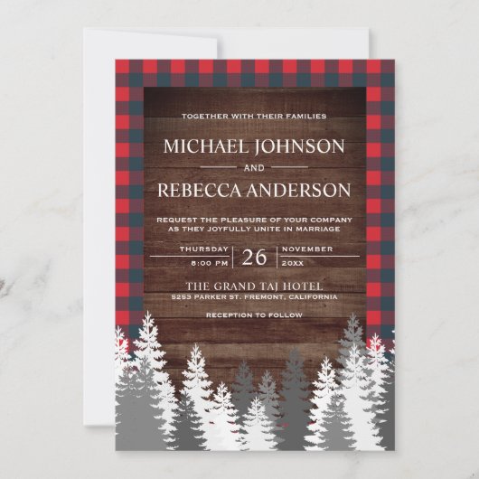 Invitation Mariage en bois rustique rouge plaid de buffle pin (Devant)