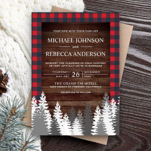 Invitation Mariage en bois rustique rouge plaid de buffle pin