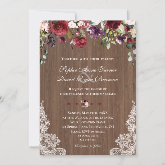 Invitation Mariage en bois vintage dentelle bordeaux (Devant)