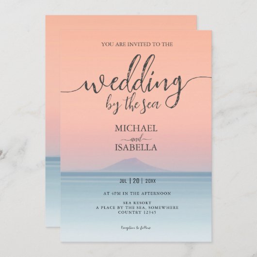 Invitation Mariage en bord de mer sous le soleil couchant (Devant / Derrière)