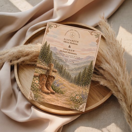 Invitation Mariage en bottes de cow-boy de la forêt montagneu