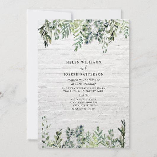 Invitation Mariage en briques blanches de verdure botanique (Devant)