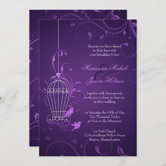 Invitation Mariage en cage à oiseaux violet Inviter avec RSVP (Devant / Derrière)