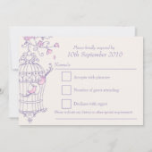 Invitation Mariage en cage ouverte aux oiseaux violets et ros (Dos)