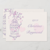 Invitation Mariage en cage ouverte aux oiseaux violets et ros (Devant / Derrière)