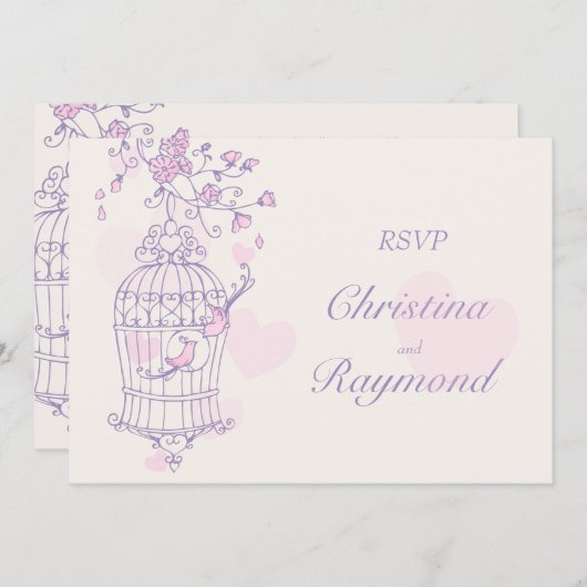 Invitation Mariage en cage ouverte aux oiseaux violets et ros (Devant / Derrière)