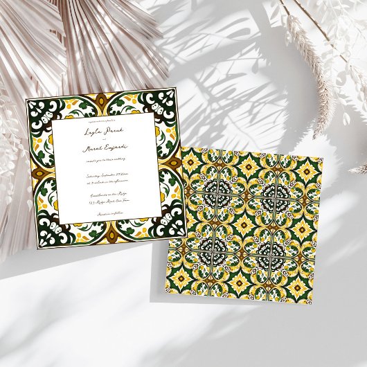 Invitation Mariage en carreaux de faïence vert jaune méditerr