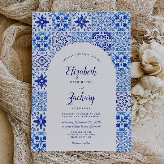Invitation Mariage en carreaux portugais Arc bleu rustique