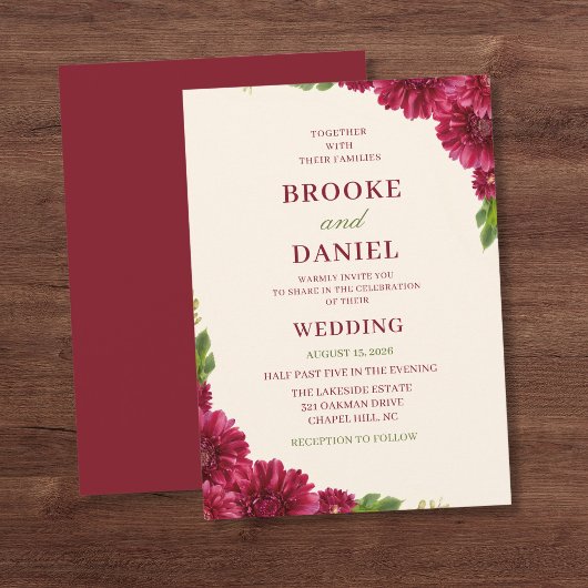 Invitation Mariage en cascade de gerbera bordeaux