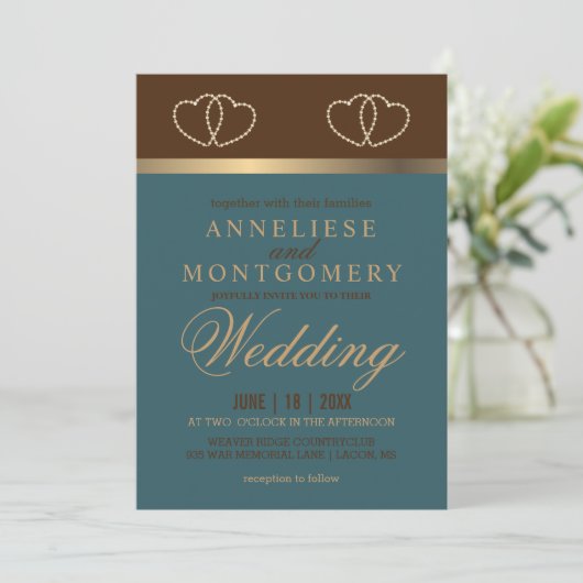 Invitation Mariage en chocolat et Turquoise foncé (Debout devant)