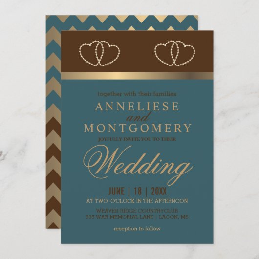 Invitation Mariage en chocolat et Turquoise foncé (Devant / Derrière)