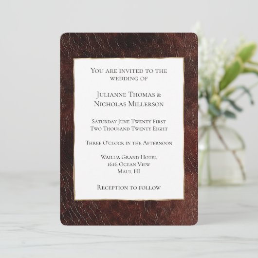 Invitation Mariage en cuir Brown Faux Sud-Ouest (Debout devant)