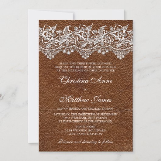 Invitation Mariage en cuir et dentelle (Devant)