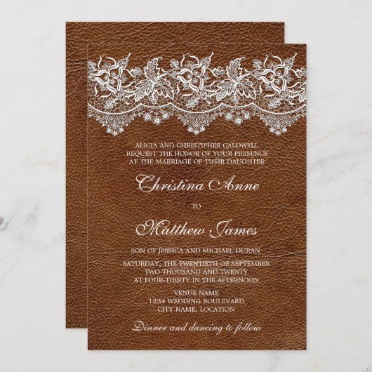 Invitation Mariage en cuir et dentelle (Devant / Derrière)