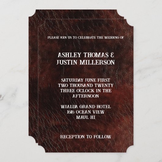 Invitation Mariage en cuir Faux Brown foncé (Devant / Derrière)