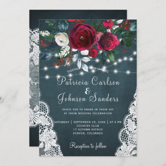 Invitation Mariage en dentelle avec des pivoines bordeaux rus (Devant / Derrière)
