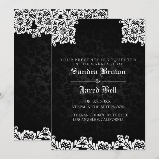 Invitation Mariage en dentelle blanche damas noir (Devant / Derrière)