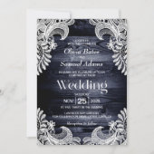 Invitation Mariage en dentelle blanche en bois bleu rustique (Devant)