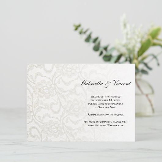 Invitation Mariage en dentelle blanche Enregistrer la date Fa (Debout devant)