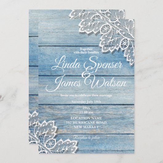 Invitation Mariage en dentelle blanche et en bois bleu pastel (Devant / Derrière)