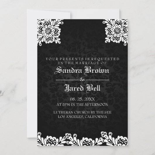 Invitation Mariage en dentelle blanche noire Damask (Devant)