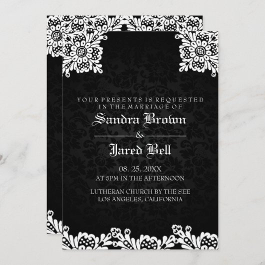 Invitation Mariage en dentelle blanche noire Damask (Devant / Derrière)