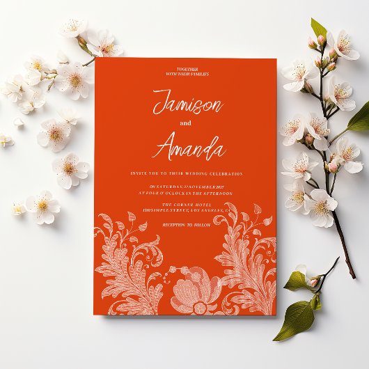 Invitation Mariage en dentelle blanche orange cannelle