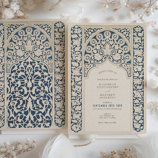 Invitation Mariage en dentelle bleu et crème de la marine cla