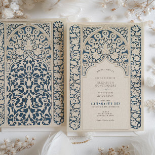 Invitation Mariage en dentelle bleu et crème de la marine cla
