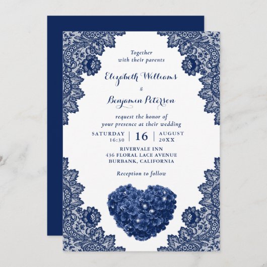 Invitation Mariage en dentelle bleu marine (Devant / Derrière)