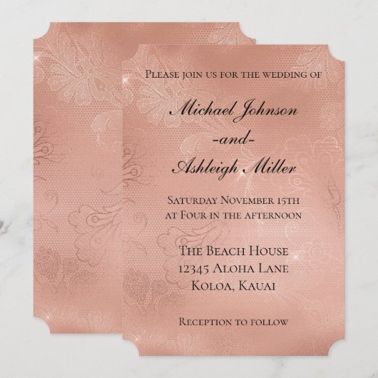 Invitation Mariage en dentelle de rose dorée chic (Devant / Derrière)