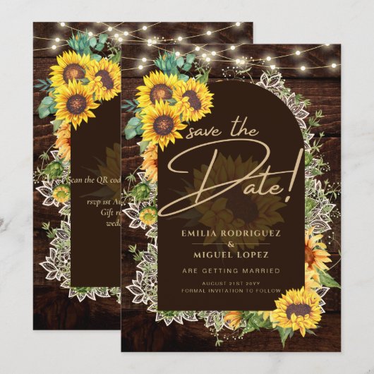 Invitation Mariage en dentelle de tournesol rustique (Devant / Derrière)